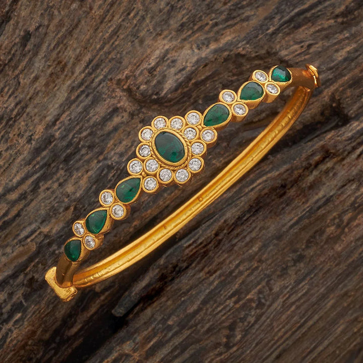 92.5 Pure Silver Temple Kada With Green And White Stones -Single Piece