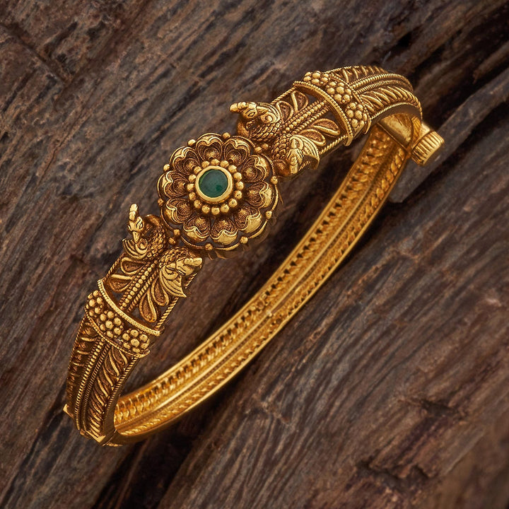 92.5 Pure Silver Floral Motifs Temple Kada With Green Stone-Single Piece