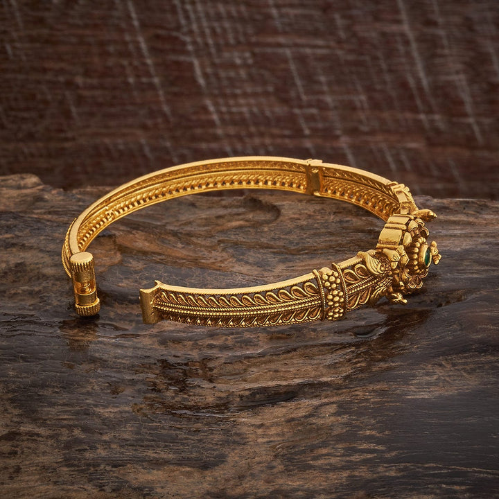 92.5 Pure Silver Floral Motifs Temple Kada With Green Stone-Single Piece