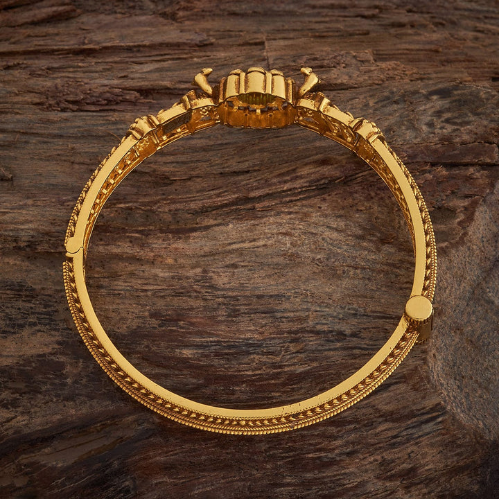 92.5 Pure Silver Floral Motifs Temple Kada With Green Stone-Single Piece