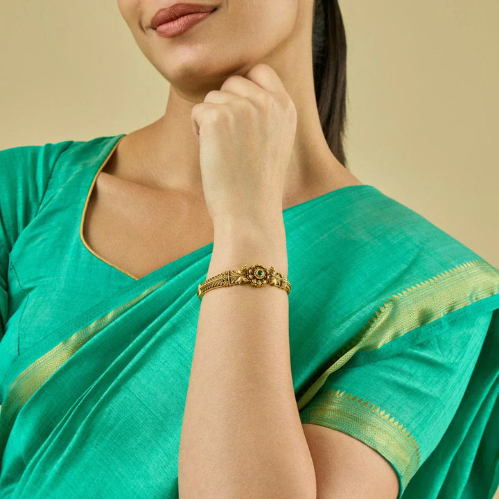 92.5 Pure Silver Floral Motifs Temple Kada With Green Stone-Single Piece