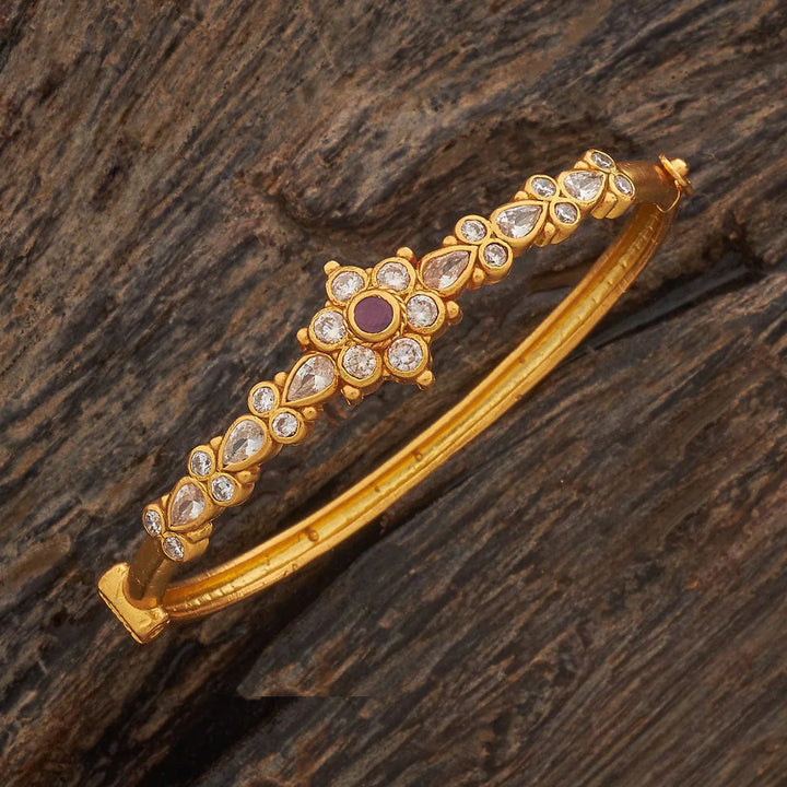 92.5 Pure Silver Floral Motif Temple Kada With kundan Stones -Single Piece
