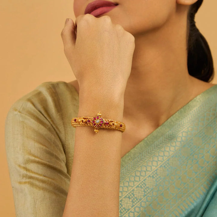 92.5 Pure Silver Floral And Peacock Motifs Temple Kada With Red Stone-Single Piece