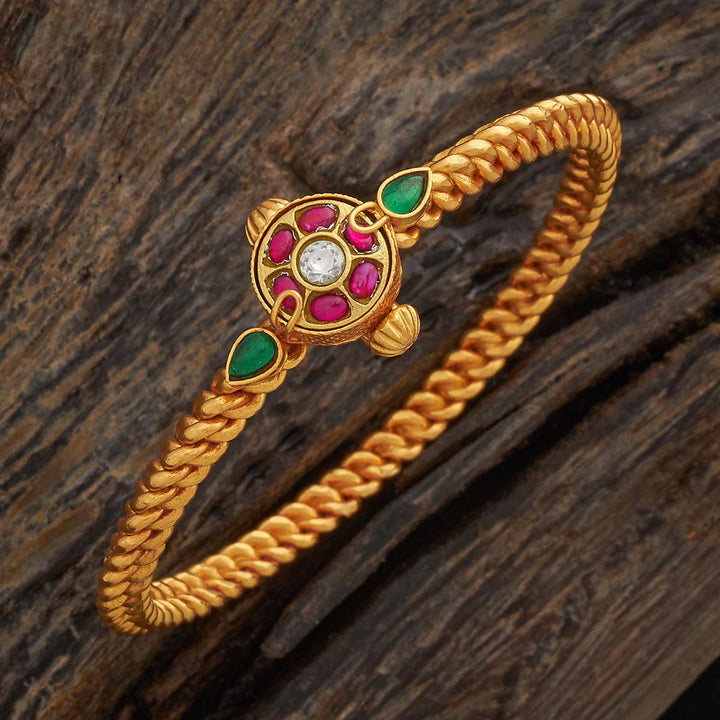 92.5 Pure Silver Floral Motifs Temple Kada With Red-Green And White Stone-Single Piece