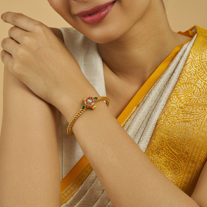 92.5 Pure Silver Floral Motifs Temple Kada With Red-Green And White Stone-Single Piece