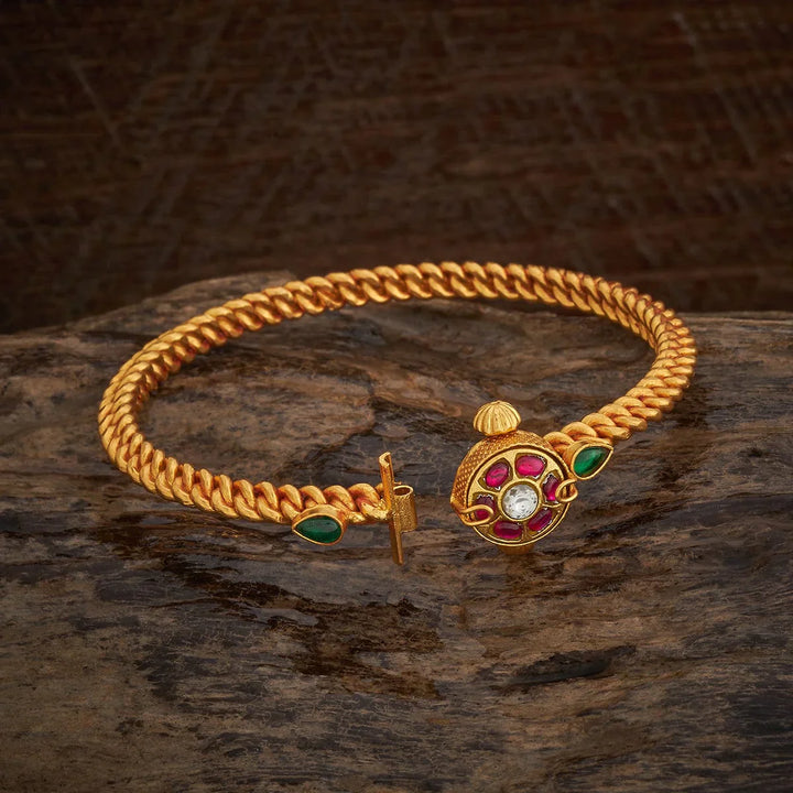 92.5 Pure Silver Floral Motifs Temple Kada With Red-Green And White Stone-Single Piece