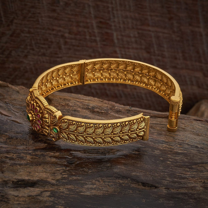 92.5 Pure Silver Floral Design Temple Kada With Red-Green Stone-Single Piece