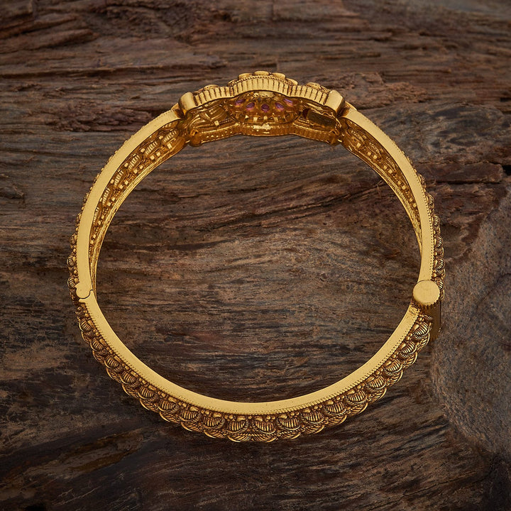 92.5 Pure Silver Floral Design Temple Kada With Red-Green Stone-Single Piece