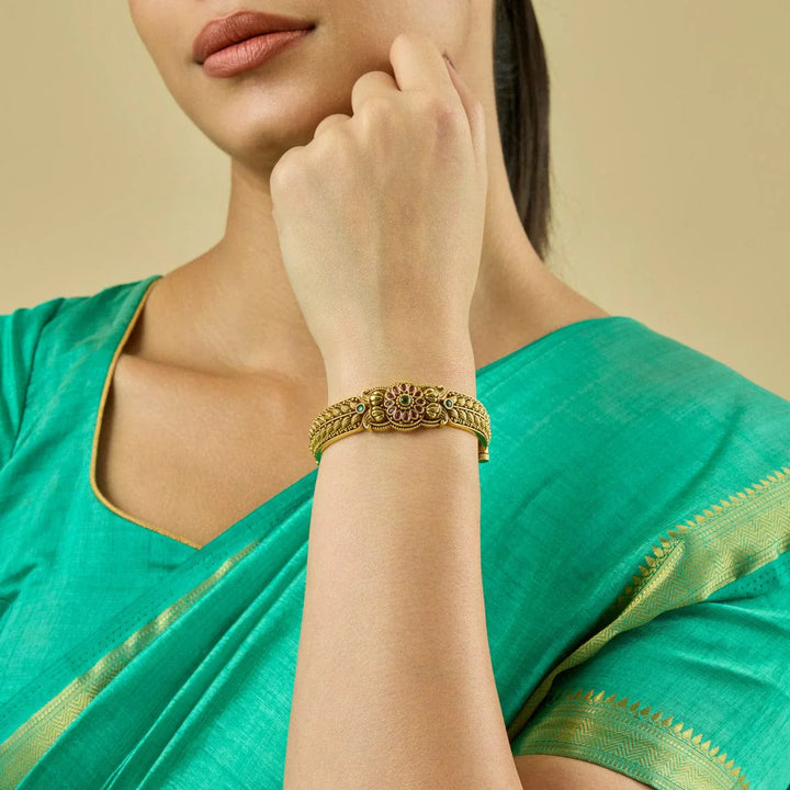 92.5 Pure Silver Floral Design Temple Kada With Red-Green Stone-Single Piece