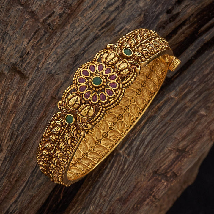 92.5 Pure Silver Floral Design Temple Kada With Red-Green Stone-Single Piece