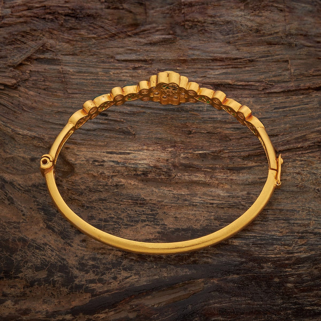 92.5 Pure Silver Temple Kada With Green And White Stones -Single Piece