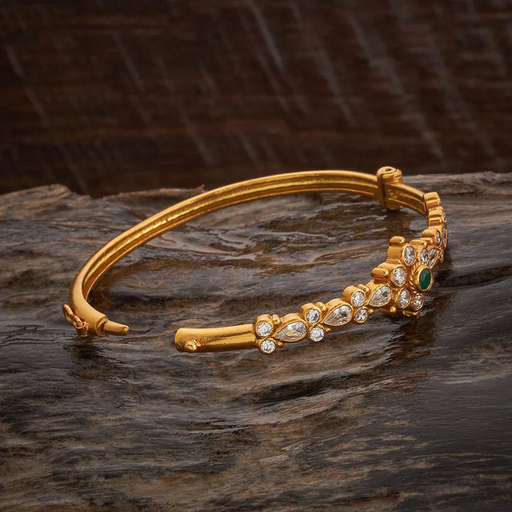 92.5 Pure Silver Floral Motif Temple Kada With kundan Stones -Single Piece