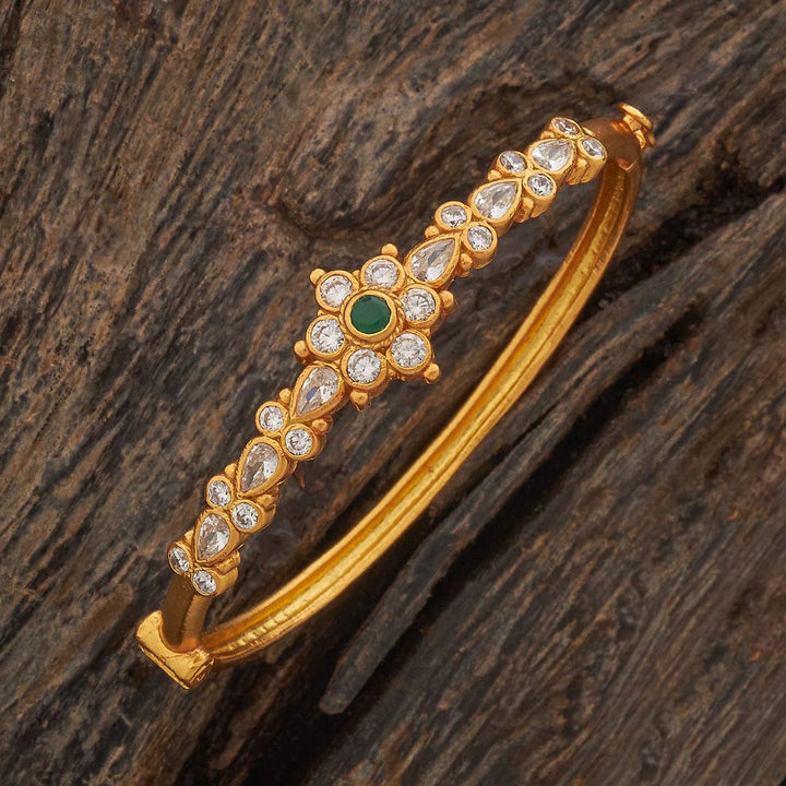 92.5 Pure Silver Floral Motif Temple Kada With kundan Stones -Single Piece