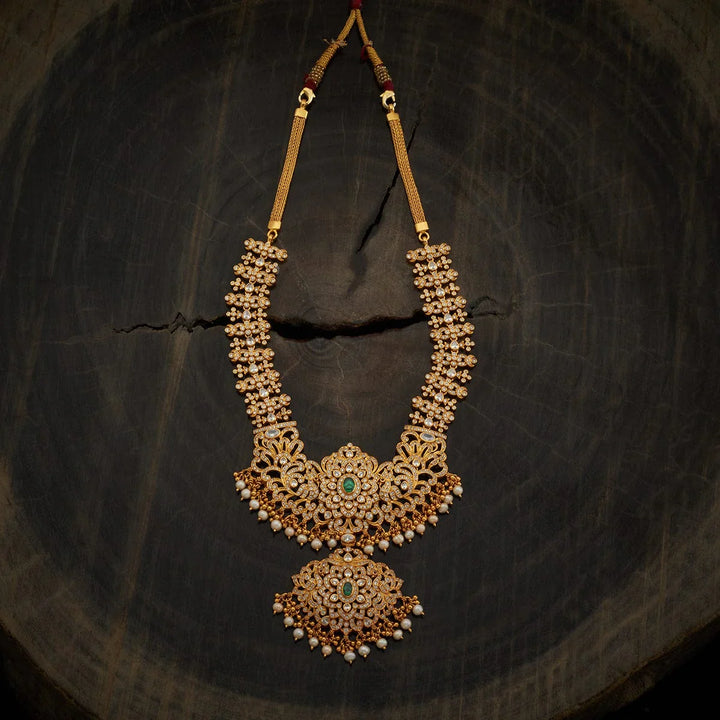 Pure 92.5 Silver Gold-Plated Cz Peacock Motifs Necklace with Emerald Centerpiece and dangling Pearls