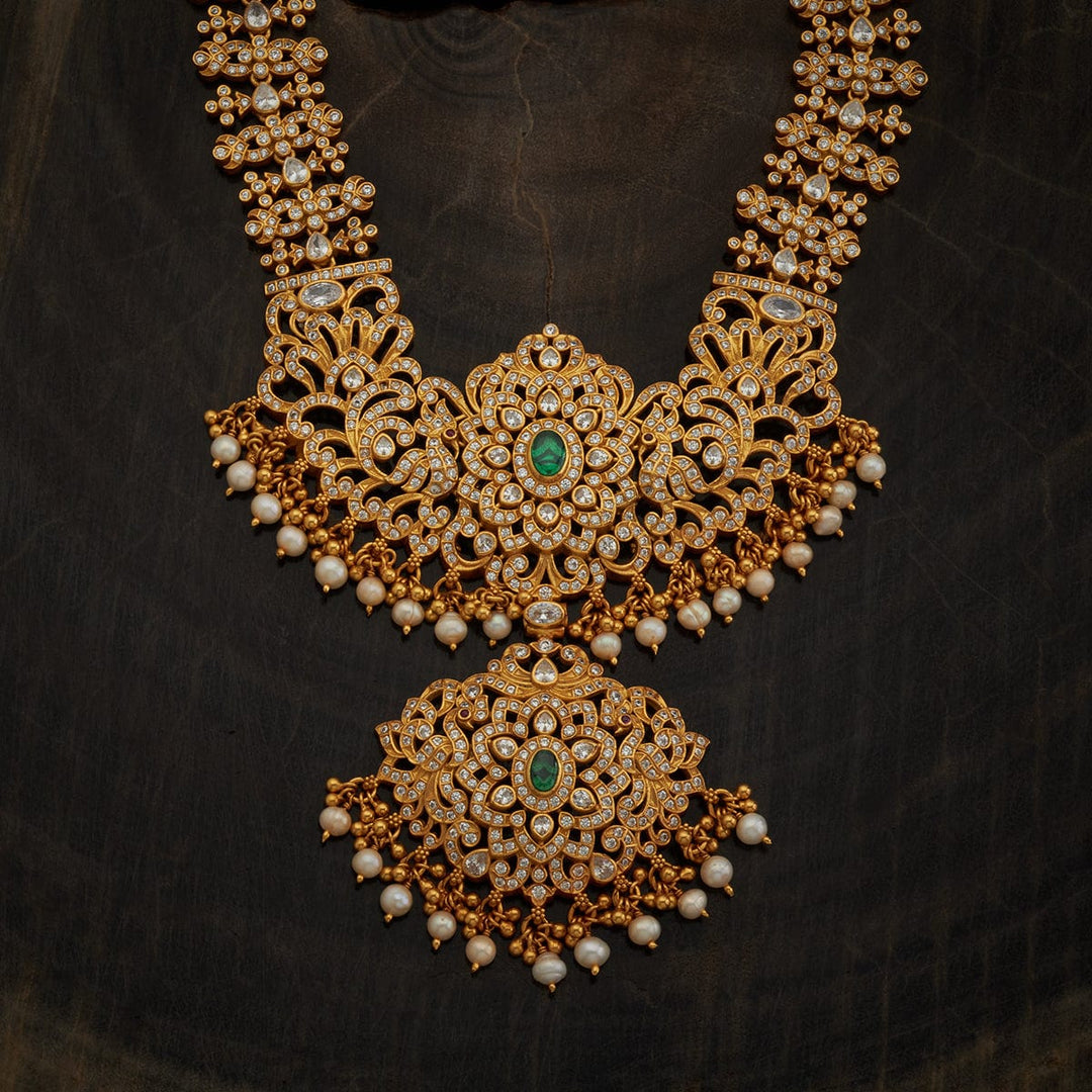 Pure 92.5 Silver Gold-Plated Cz Peacock Motifs Necklace with Emerald Centerpiece and dangling Pearls