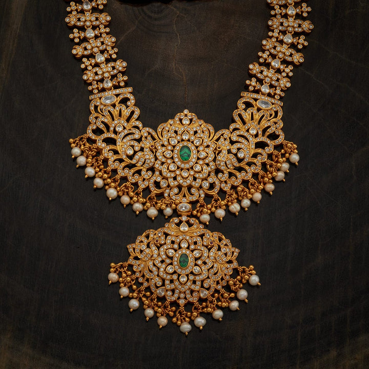 Pure 92.5 Silver Gold-Plated Cz Peacock Motifs Necklace with Emerald Centerpiece and dangling Pearls