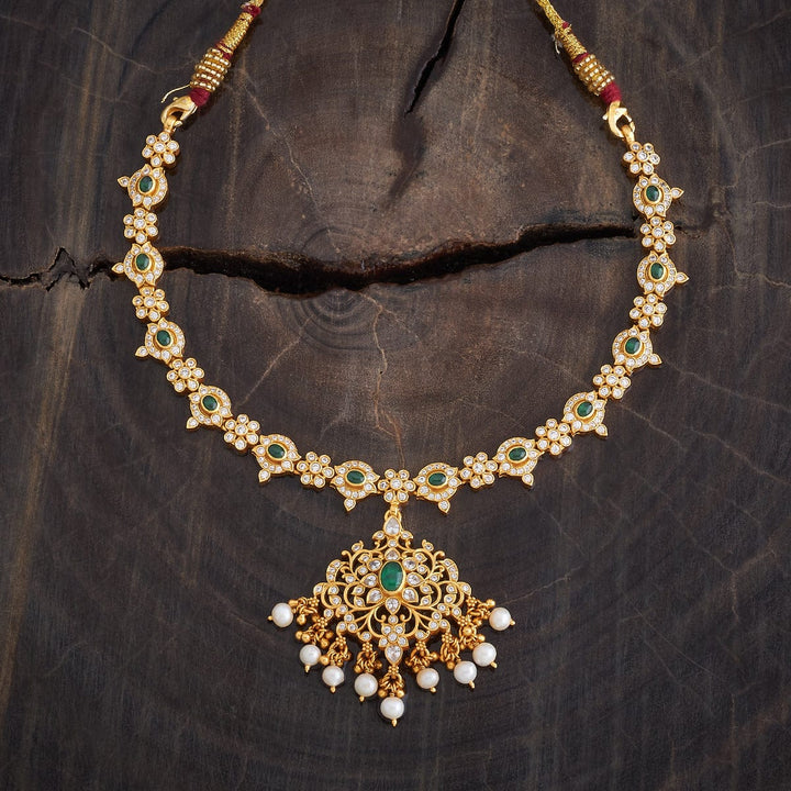 Pure 92.5 Silver Gold-Plated White Stone and Emerald Floral Necklace with Dangling Pearls