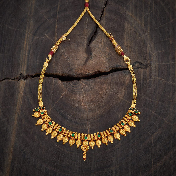 Pure 92.5 Silver Gold-Plated Necklace with Antique Design and Green Gem Embellishments