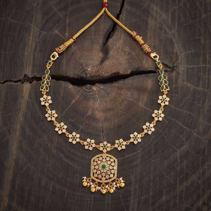 Pure 92.5 Silver Gold-Plated Floral and Leaf Motif Necklace with White Stones and Dangling Beads