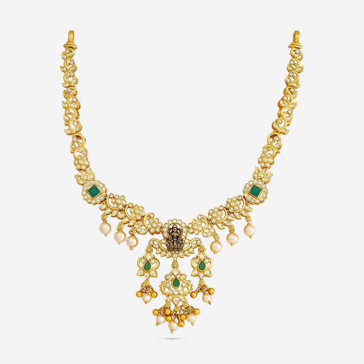 Pure 92.5 Silver, Gold Plated Green-White Stone Temple Necklace with Deity Motif and Pearls Drops