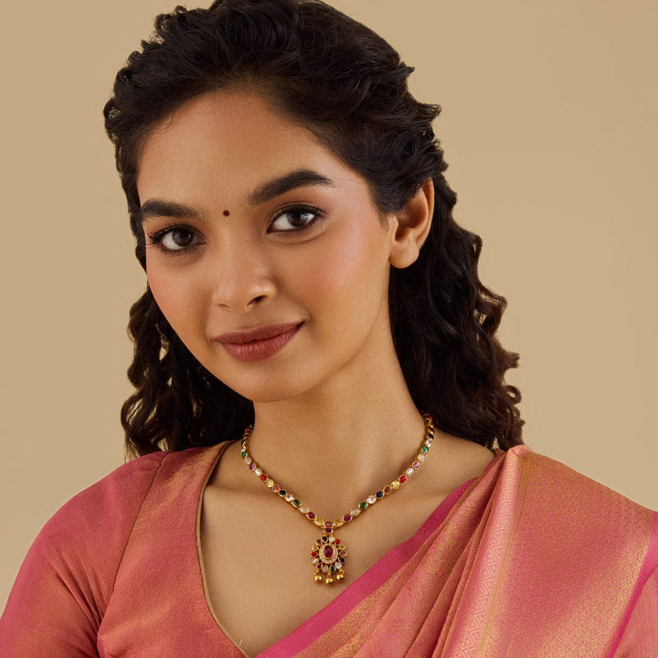 92.5 Pure Silver Gold-Plated Multicolor Stone Studded Necklace With Dangling Beads