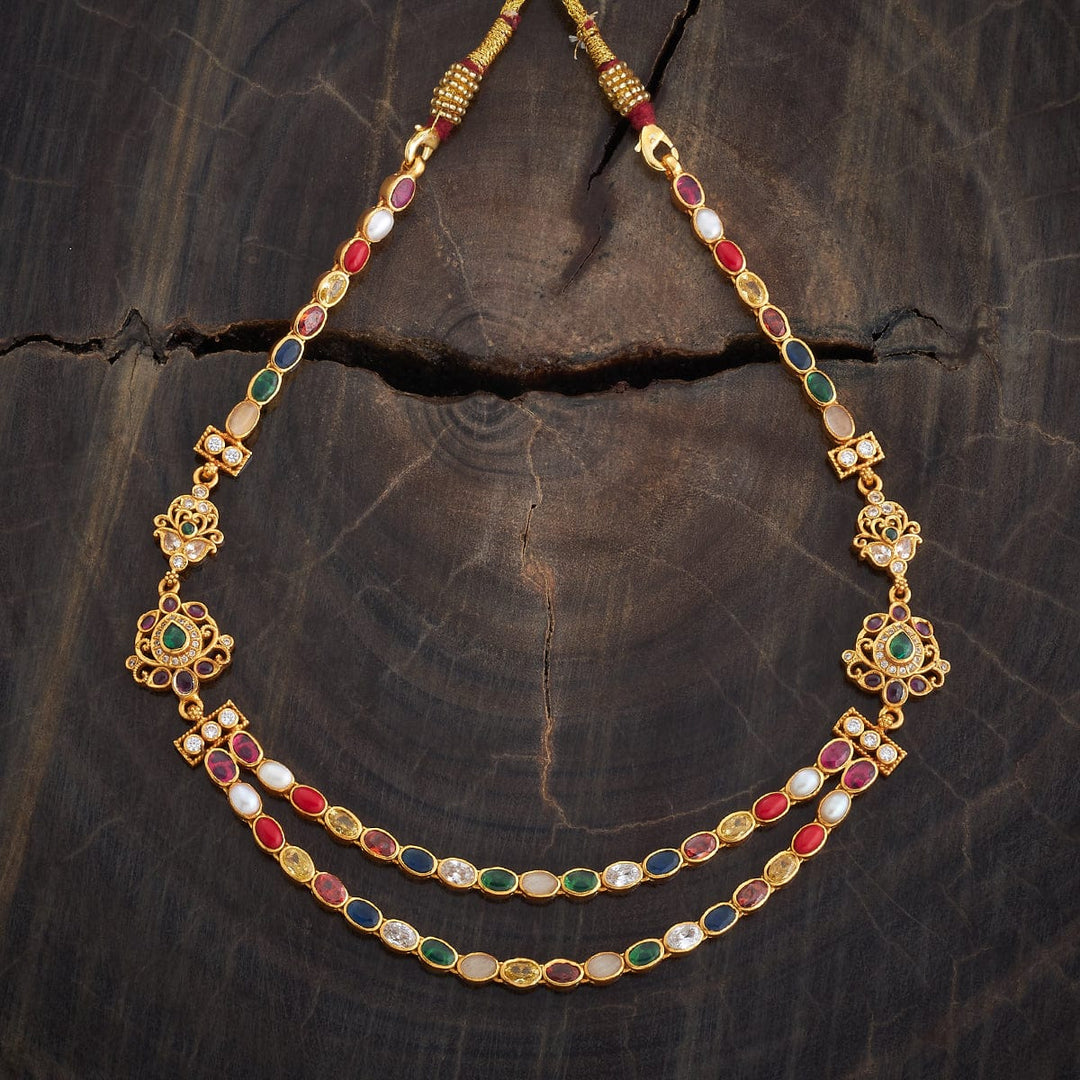Pure 92.5 Silver, Gold Plated Traditional Double Layered Navaratna Necklace with Oval Design