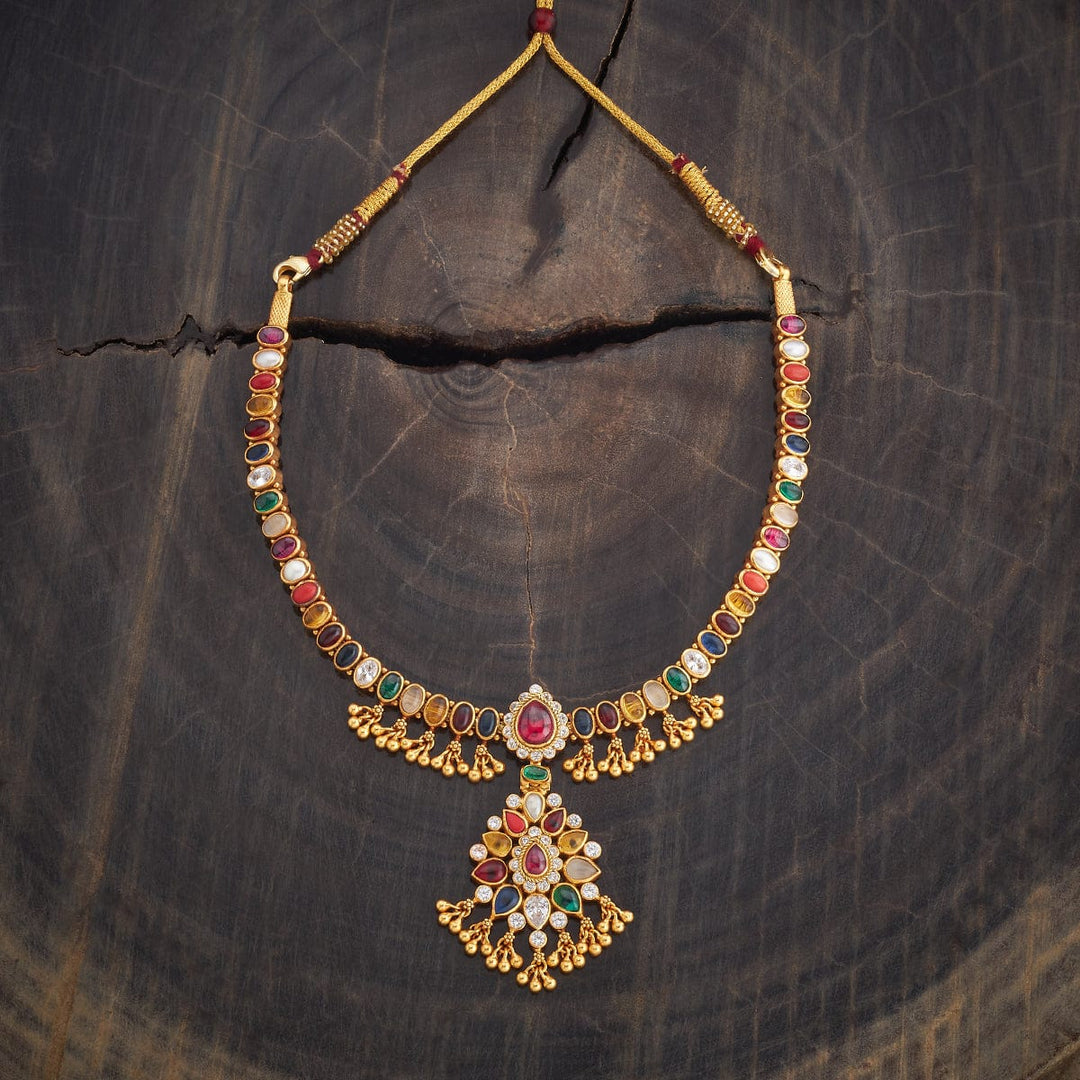 Pure 92.5 Silver Gold-Plated Navaratna Necklace with Floral Pendant and Dangling Beads
