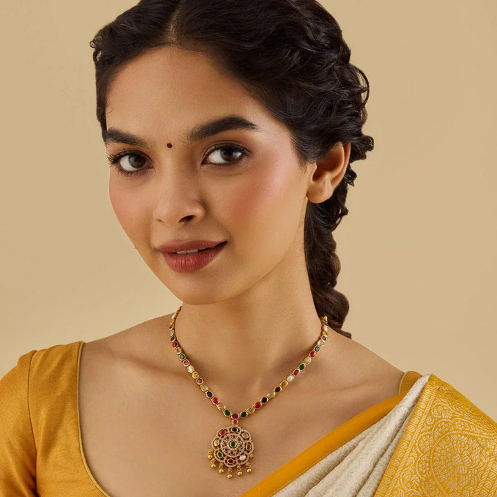 Pure 92.5 Silver Gold-Plated Heritage Style Navaratna Necklace with Intricate Gem Setting and Golden Bead Danglings
