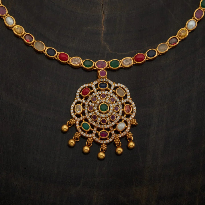 Pure 92.5 Silver Gold-Plated Heritage Style Navaratna Necklace with Intricate Gem Setting and Golden Bead Danglings