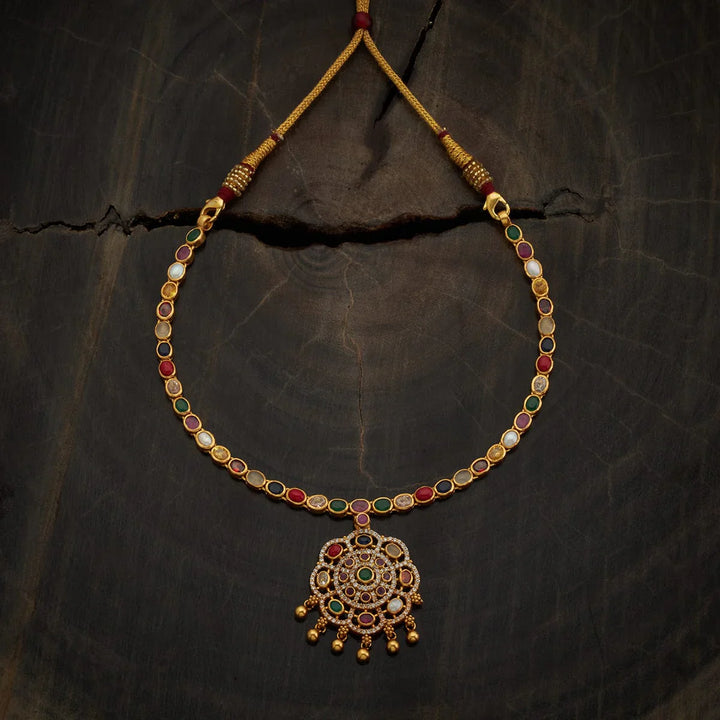Pure 92.5 Silver Gold-Plated Heritage Style Navaratna Necklace with Intricate Gem Setting and Golden Bead Danglings