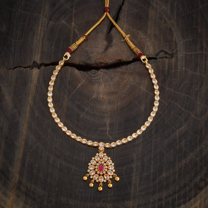 Pure 92.5 Silver Gold-Plated Stone Studded Temple Necklace with Red Stone Pendant and Dangling Beads