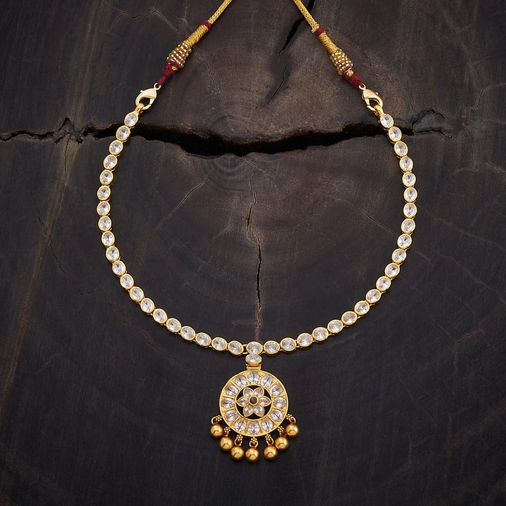 Pure 92.5 Silver Gold-Plated Sparkling White Stones Necklace with Circular Pendant and Gold Beads Drops