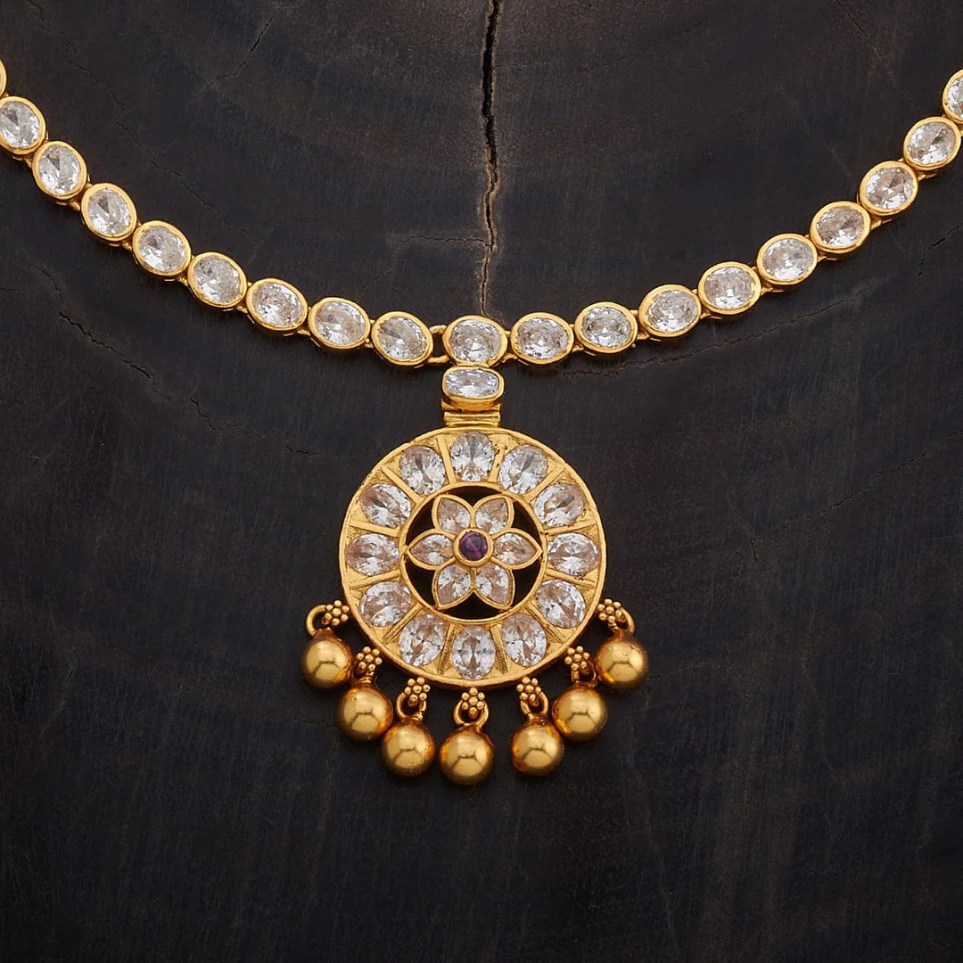 Pure 92.5 Silver Gold-Plated Sparkling White Stones Necklace with Circular Pendant and Gold Beads Drops