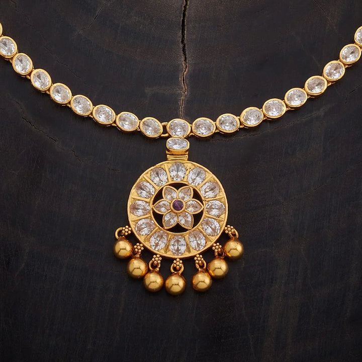 Pure 92.5 Silver Gold-Plated Sparkling White Stones Necklace with Circular Pendant and Gold Beads Drops
