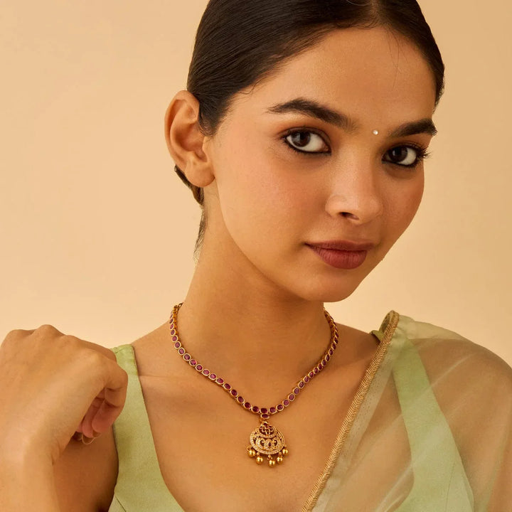 Pure 92.5 Silver Gold-Plated Ruby Necklace with White Stone Centerpiece and Gold Beads Drops