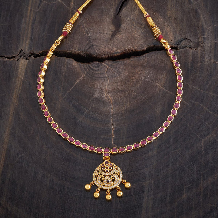 Pure 92.5 Silver Gold-Plated Ruby Necklace with White Stone Centerpiece and Gold Beads Drops