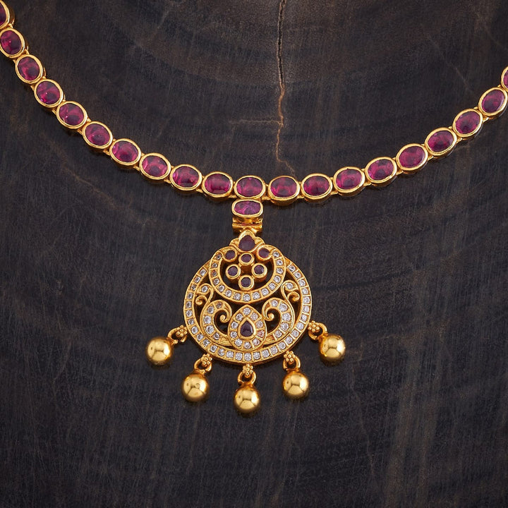 Pure 92.5 Silver Gold-Plated Ruby Necklace with White Stone Centerpiece and Gold Beads Drops
