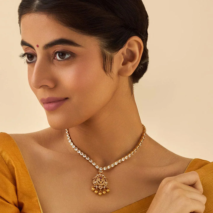 Pure 92.5 Silver Gold-Plated Delicate White Stone Necklace with Ruby Centerpiece and Gold Bead Accents