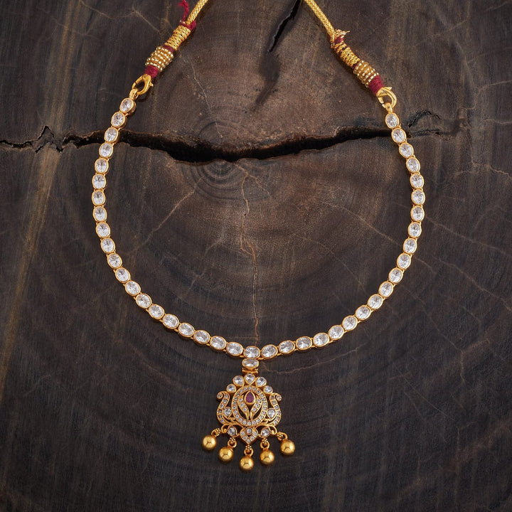 Pure 92.5 Silver Gold-Plated Delicate White Stone Necklace with Ruby Centerpiece and Gold Bead Accents