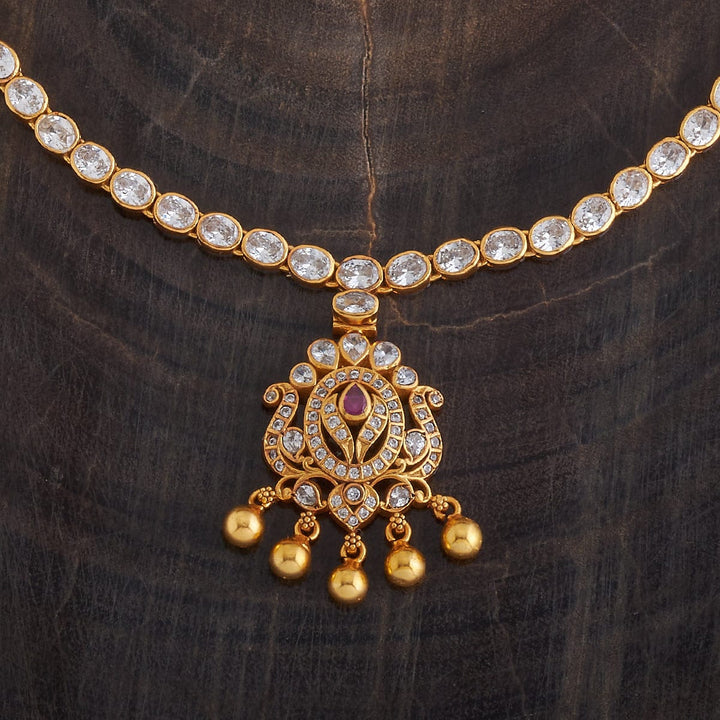 Pure 92.5 Silver Gold-Plated Delicate White Stone Necklace with Ruby Centerpiece and Gold Bead Accents