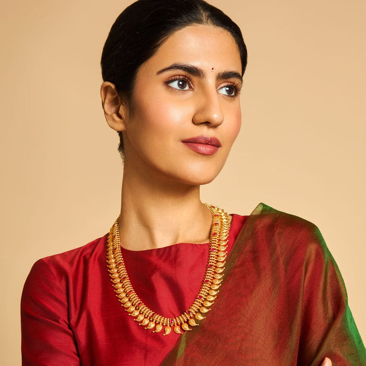 92.5 Pure Silver Maanga Design Temple Haaram Necklace With Red Stone