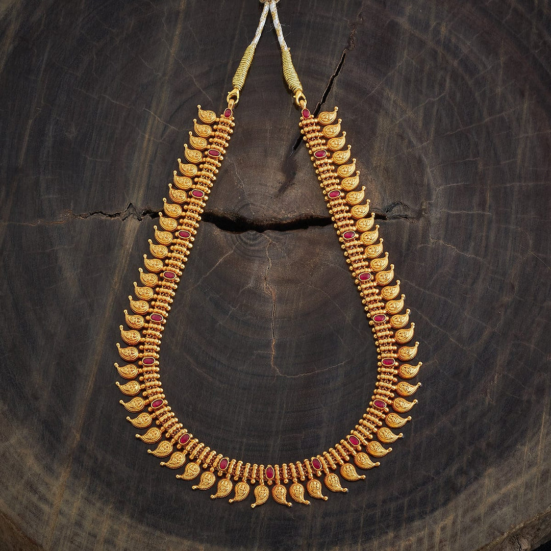 92.5 Pure Silver Maanga Design Temple Haaram Necklace With Red Stone