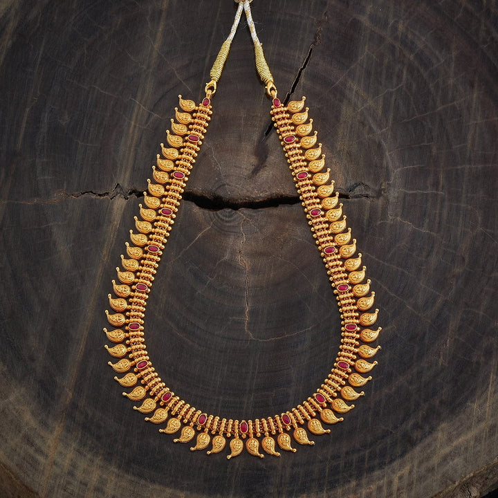 92.5 Pure Silver Maanga Design Temple Haaram Necklace With Red Stone