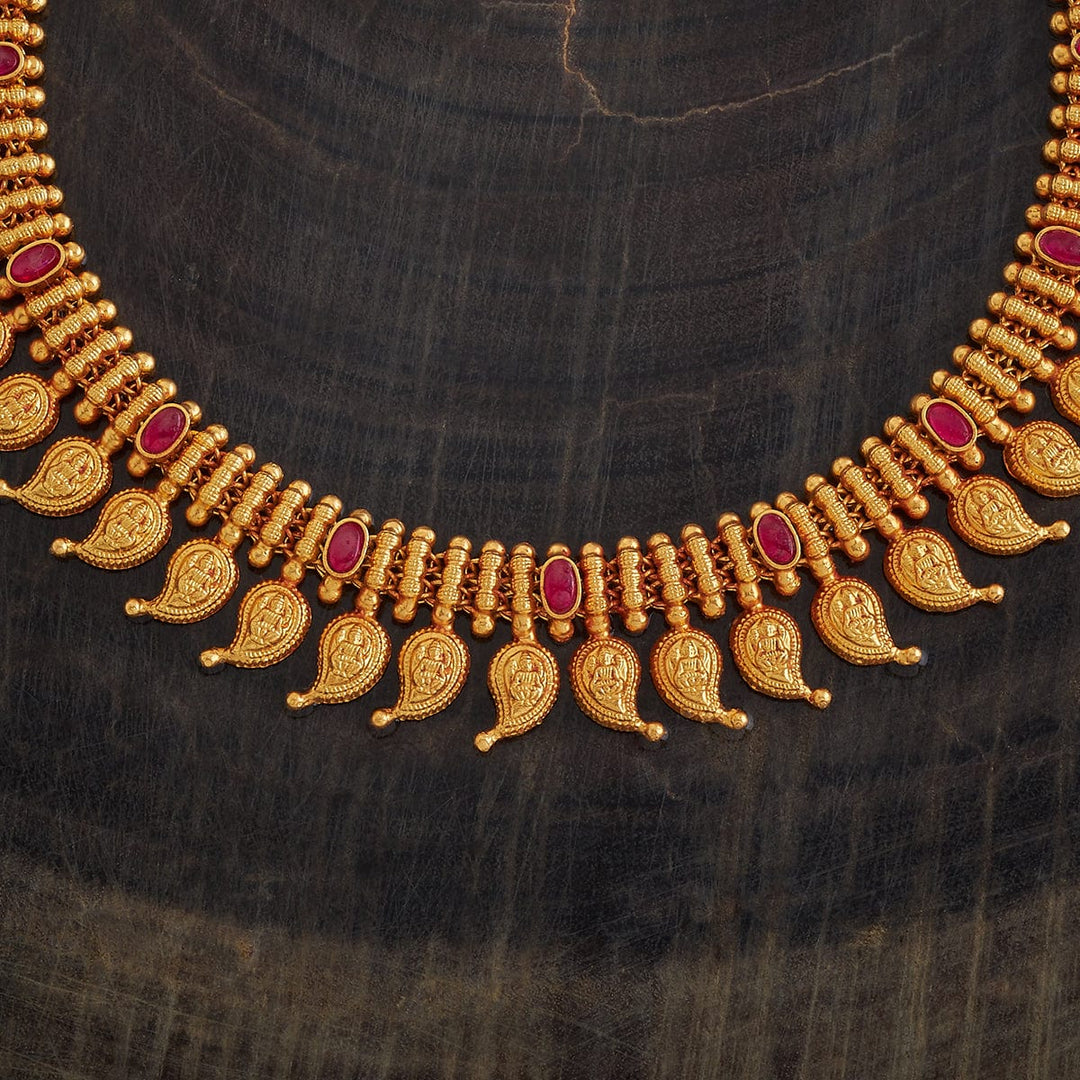 92.5 Pure Silver Maanga Design Temple Haaram Necklace With Red Stone