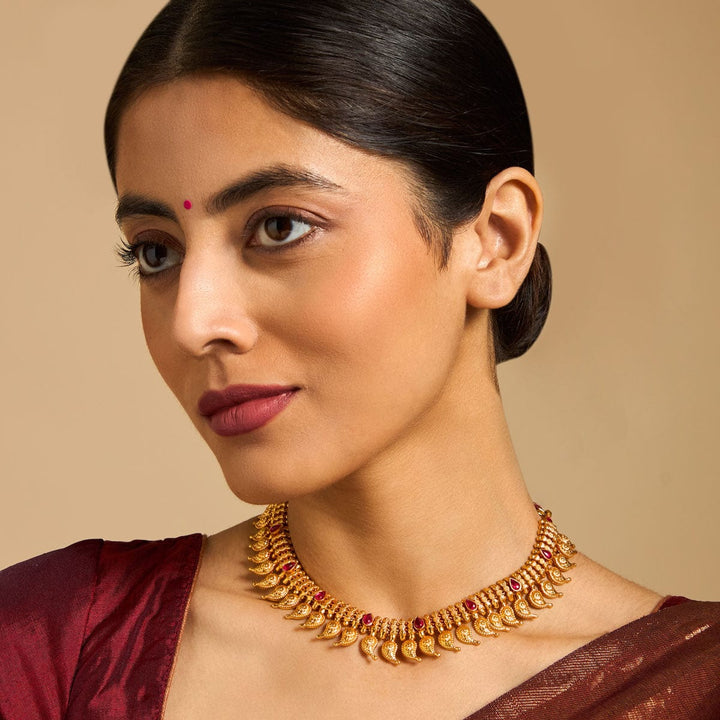 Pure 92.5 Silver Gold-Plated Heritage Style Necklace with Mango Units and Ruby Accents