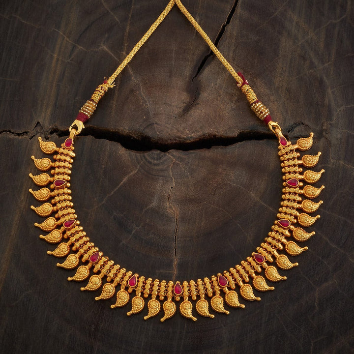 Pure 92.5 Silver Gold-Plated Heritage Style Necklace with Mango Units and Ruby Accents