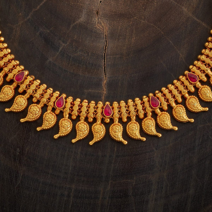 Pure 92.5 Silver Gold-Plated Heritage Style Necklace with Mango Units and Ruby Accents