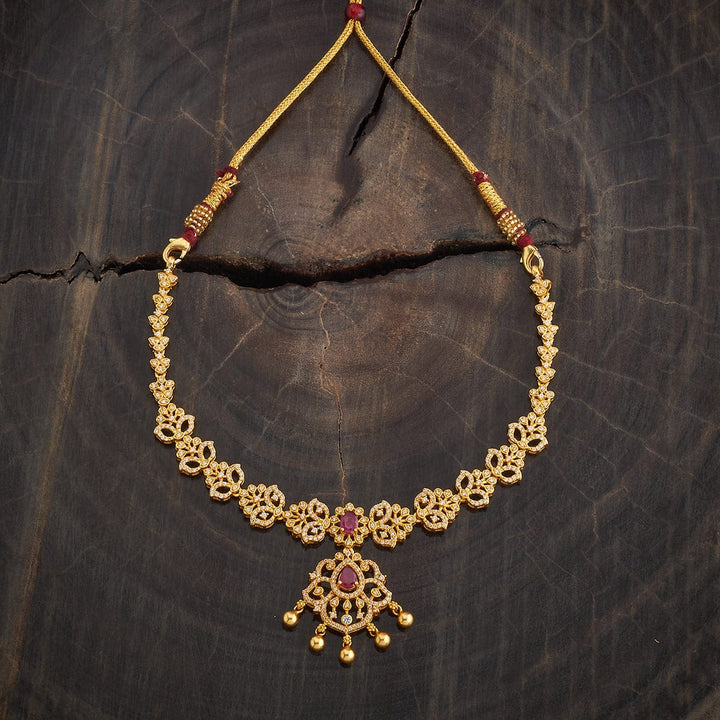 Pure 92.5 Silver Gold-Plated Floral Design Necklace with White Stones and Dangling Gold Beads