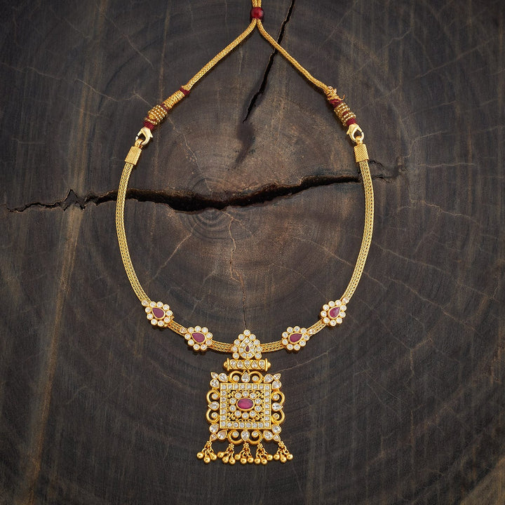 Pure 92.5 Silver Gold-Plated Necklace with Stone-Studded Square Pendant and Chain Details