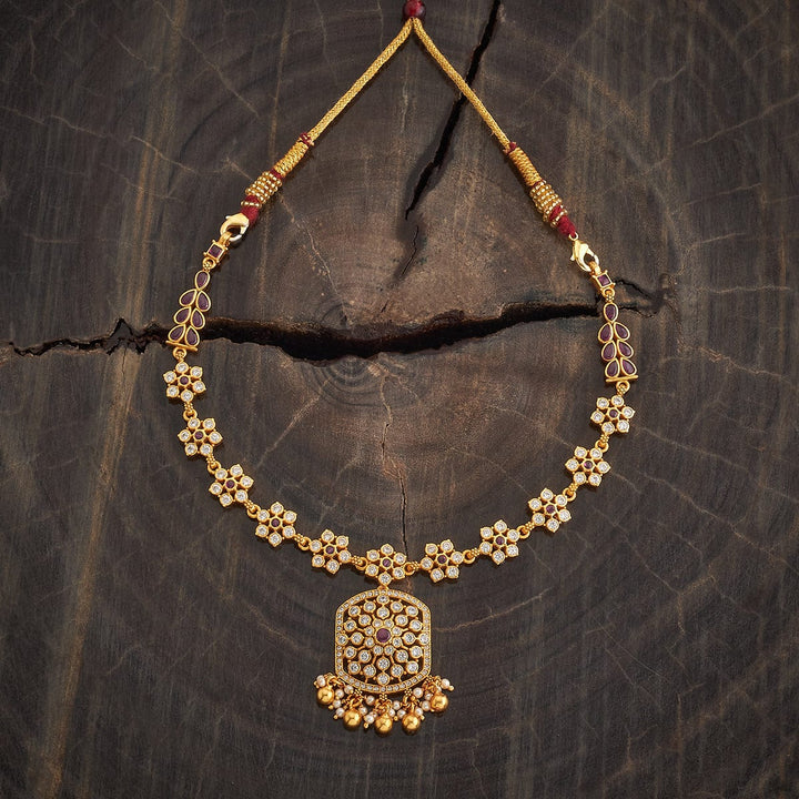 Pure 92.5 Silver Gold-Plated Floral and Leaf Motif Necklace with White Stones and Dangling Beads